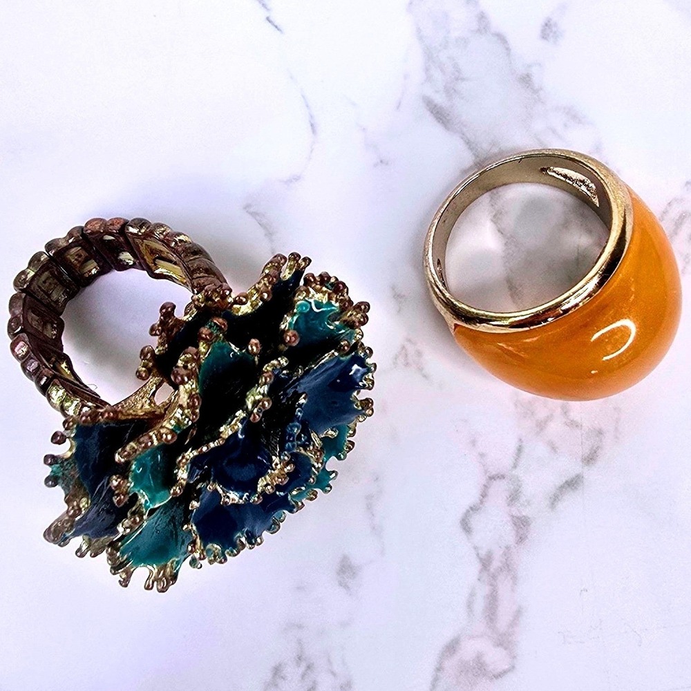Vintage RA Signed Teal Enamel Floral Stretch Ring & Yellow Cabochon Dome Ring